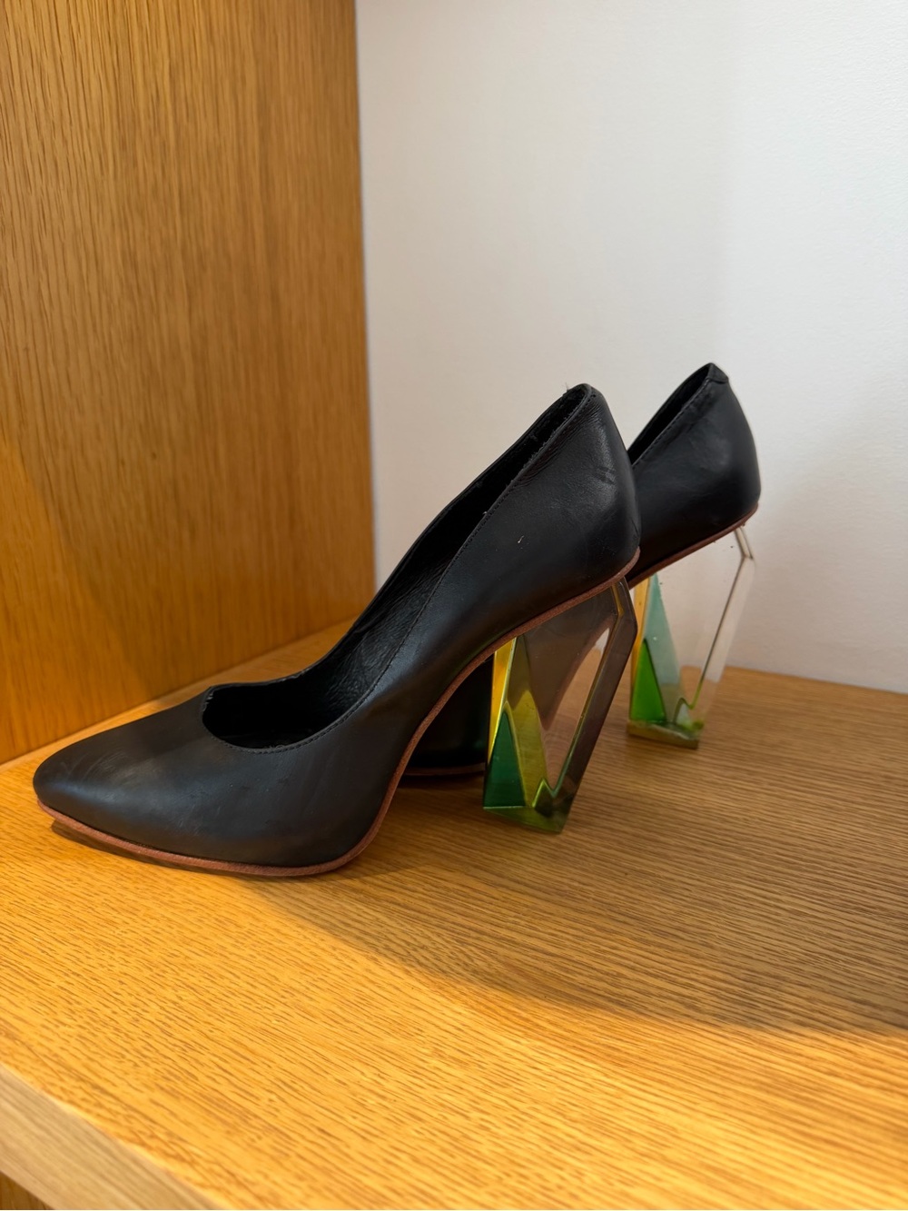 Black Pumps with Geometric Green Accent lucite Heels - Women's Shoes.